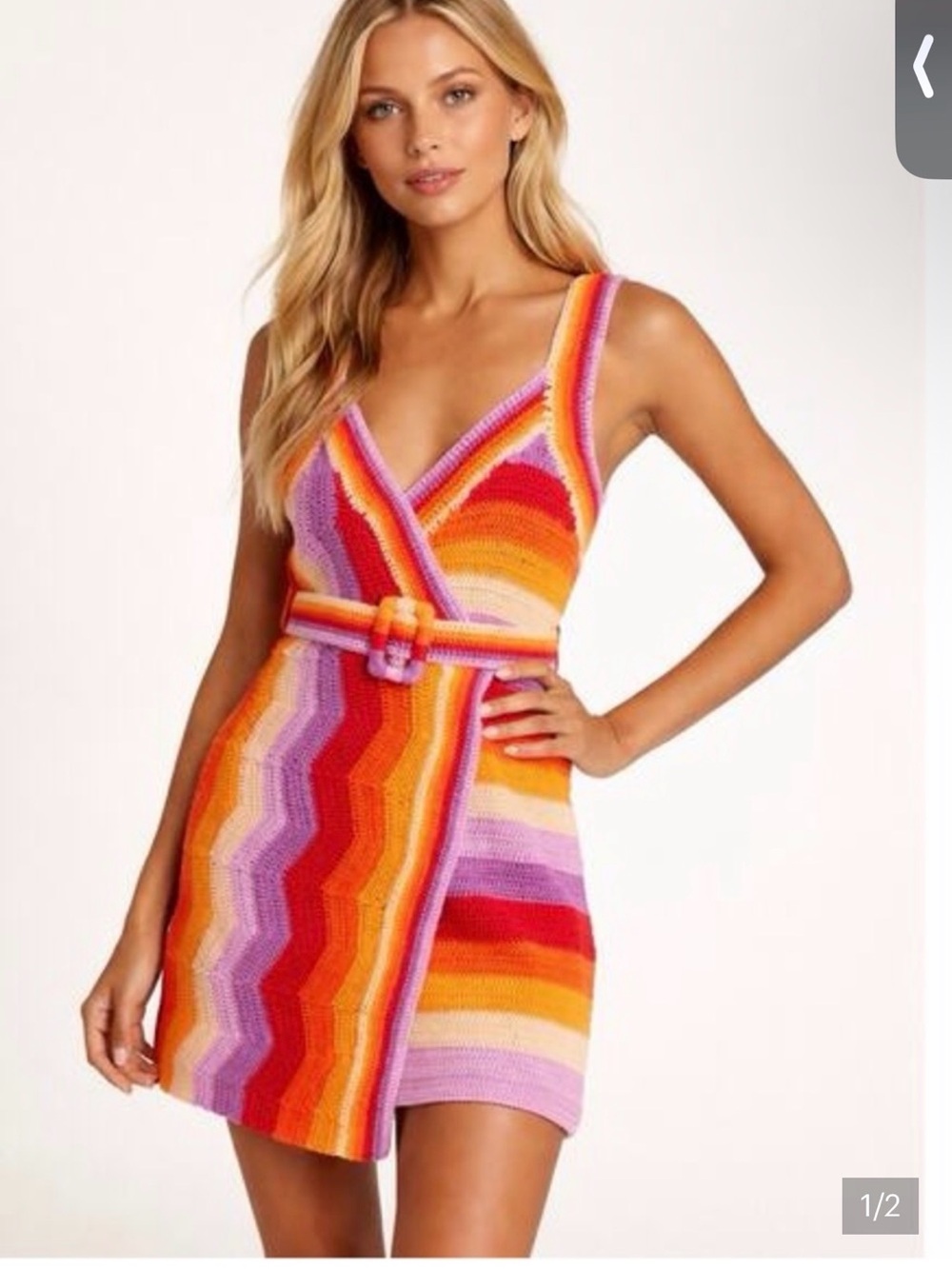 FARM Rio Crochet Belted Wrap Dress in Red, Orange, Pink, Purple & Cream - Picture 5 of 5
